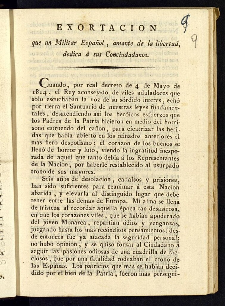 Miniatura de Exortacion que un Militar Español, amante de la libertad, dedica á sus Conciudadanos