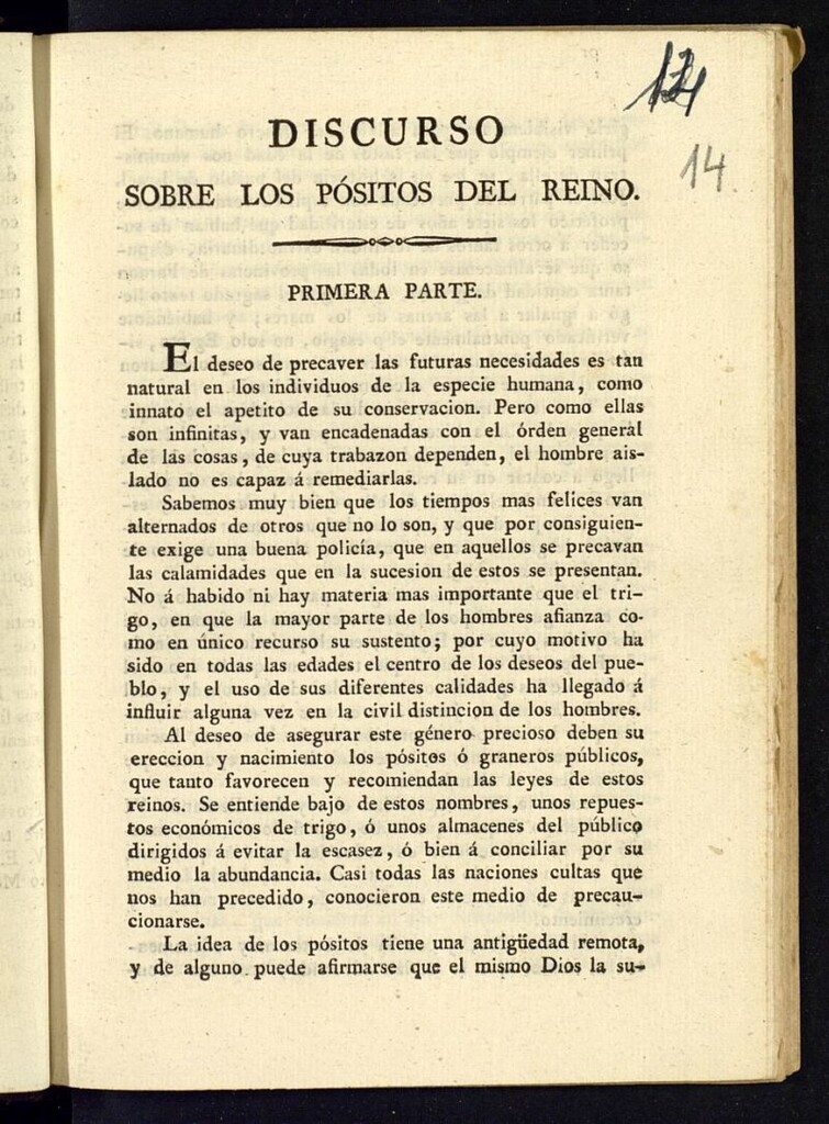 Miniatura de Discurso sobre los pósitos del Reino. Primera parte