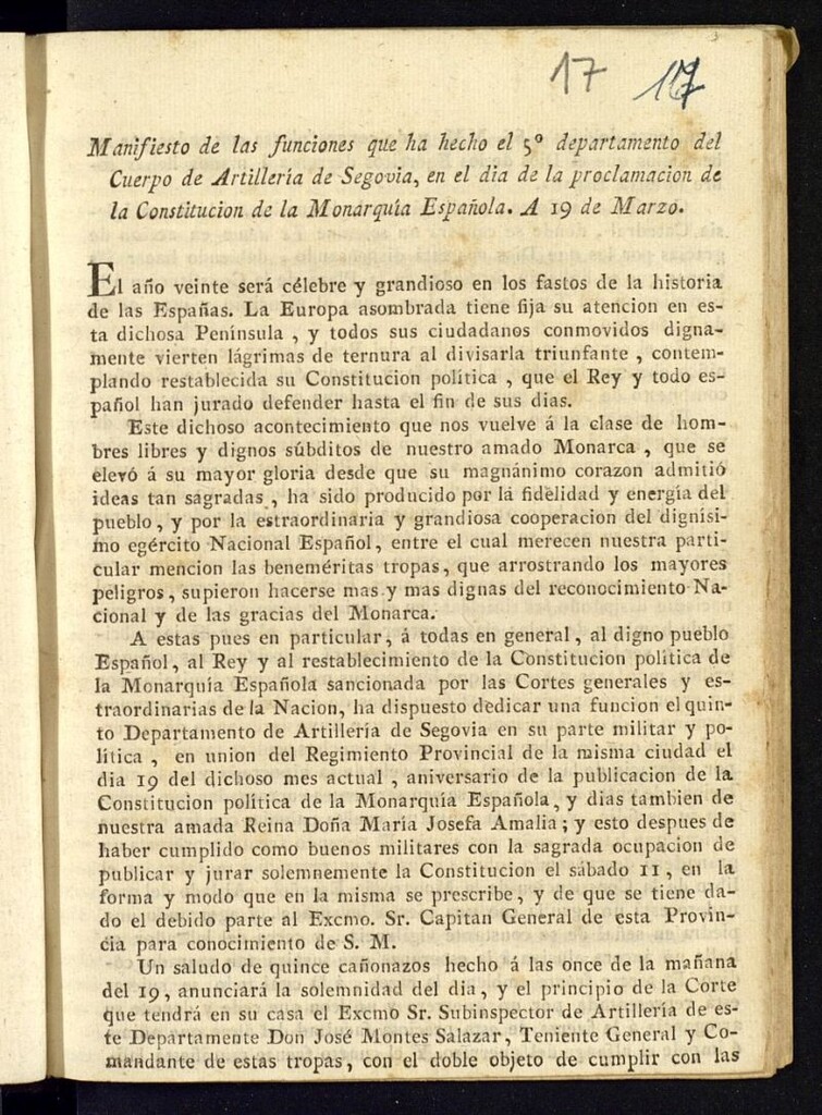 Miniatura de Manifiesto de las funciones que ha hecho el 5º departamento del Cuerpo de Artillería de Segovia, en el dia de la proclamacion de la Constitucion de la Monarquía Española A 19 de Marzo