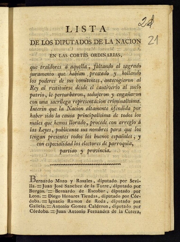 Miniatura de Lista de los diputados de la Nacion en las Cortes ordinarias : que traidores ...antecogieron al Rey al restituirse desde el cautiverio al suelo patrio...