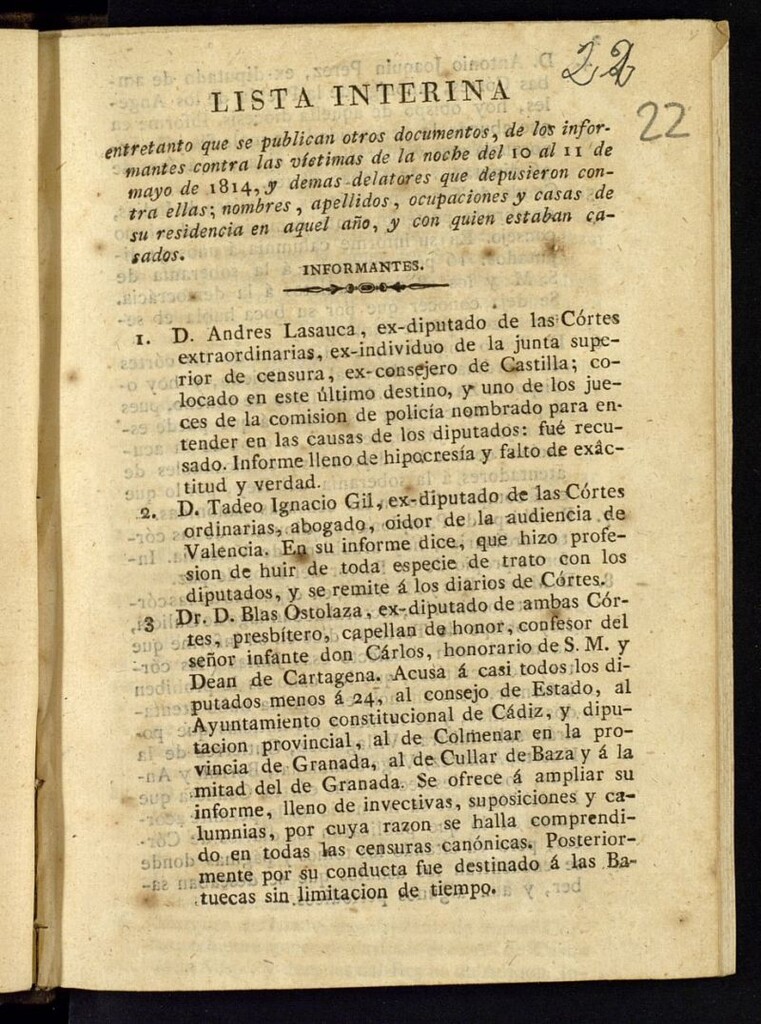 Miniatura de Lista interina entre tanto que se publican otros documentos, de los informantes contra las víctimas de la noche del 10 al 11 de mayo de 1814, y demas delatores que depusieron contra ellas...