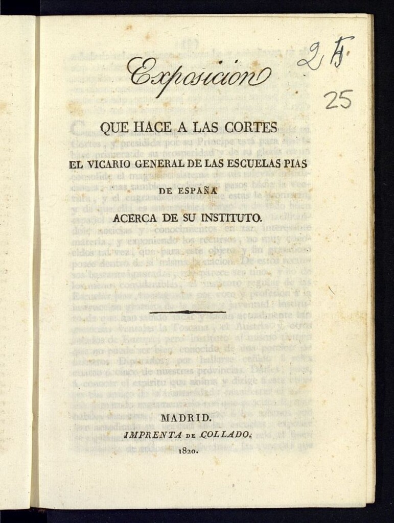Miniatura de Exposición que hace a las Cortes el Vicario General de las Escuelas Pías de España : acerca de su Instituto