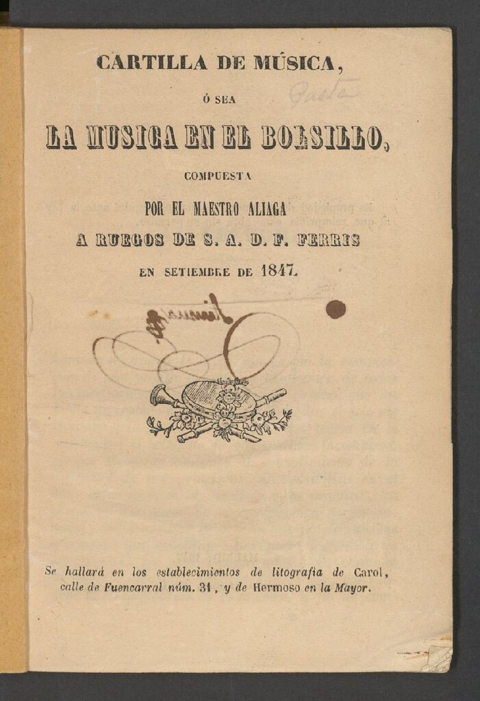 Miniatura de Cartilla de música ó sea La música en el bolsillo compuesta por el Maestro Aliaga