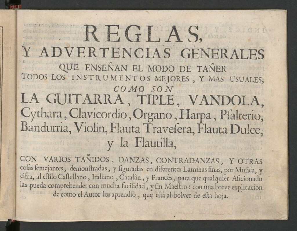 Miniatura de Reglas y advertencias generales que enseñan el modo de tañer todos los instrumentos mejores y más usuales...