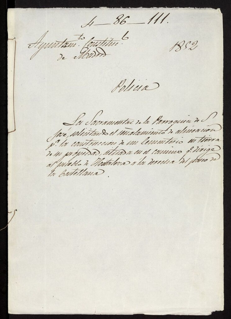 Miniatura de La Sacramental de la Parroquia de S. José, solicitando el señalamiento de alineación para la construcción de un  Cementerio en tierra de su propiedad, situada en el Camino que dirige al pueblo de Hortaleza a la derecha del Pº de la Castellana