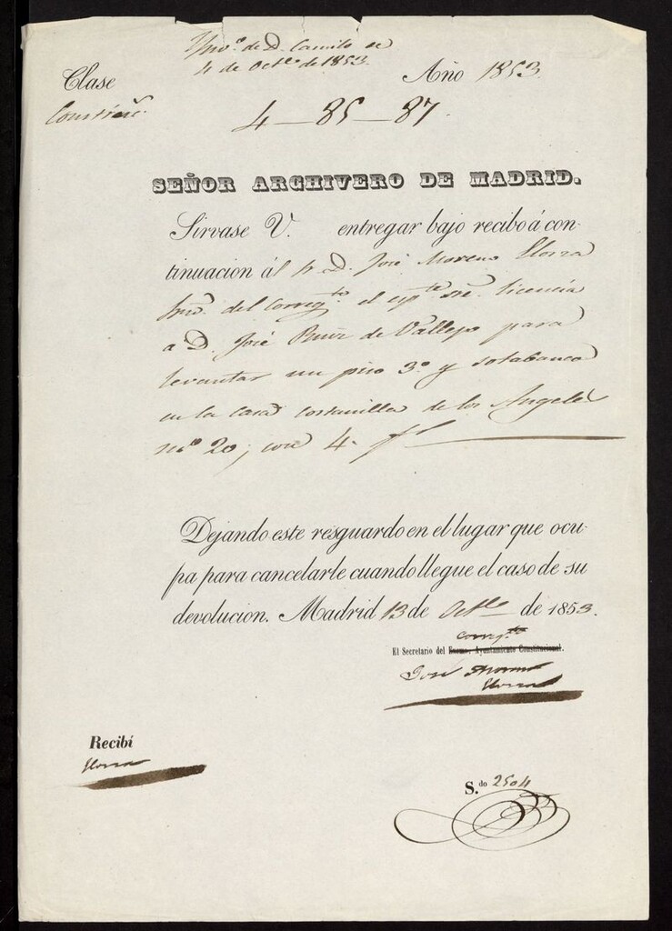 Miniatura de D. José Ruíz de Vallejo, para levantar un piso 3º y sotabanco en la casa Costanilla de los angeles nº 20