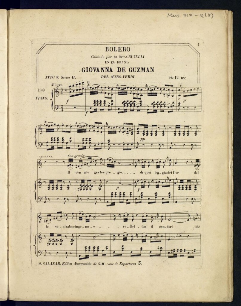 Miniatura de Bolero cantado por la Sra. Cruvelli en el drama Giovanna de Guzmán. Atto V, scena II