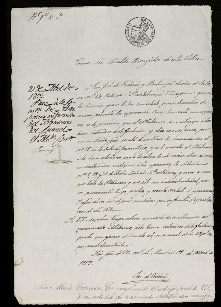 Miniatura de D. José Ordanas y Balancat, sobre construcción de una casa calle de San Bartolomé  nº 24. (1853)