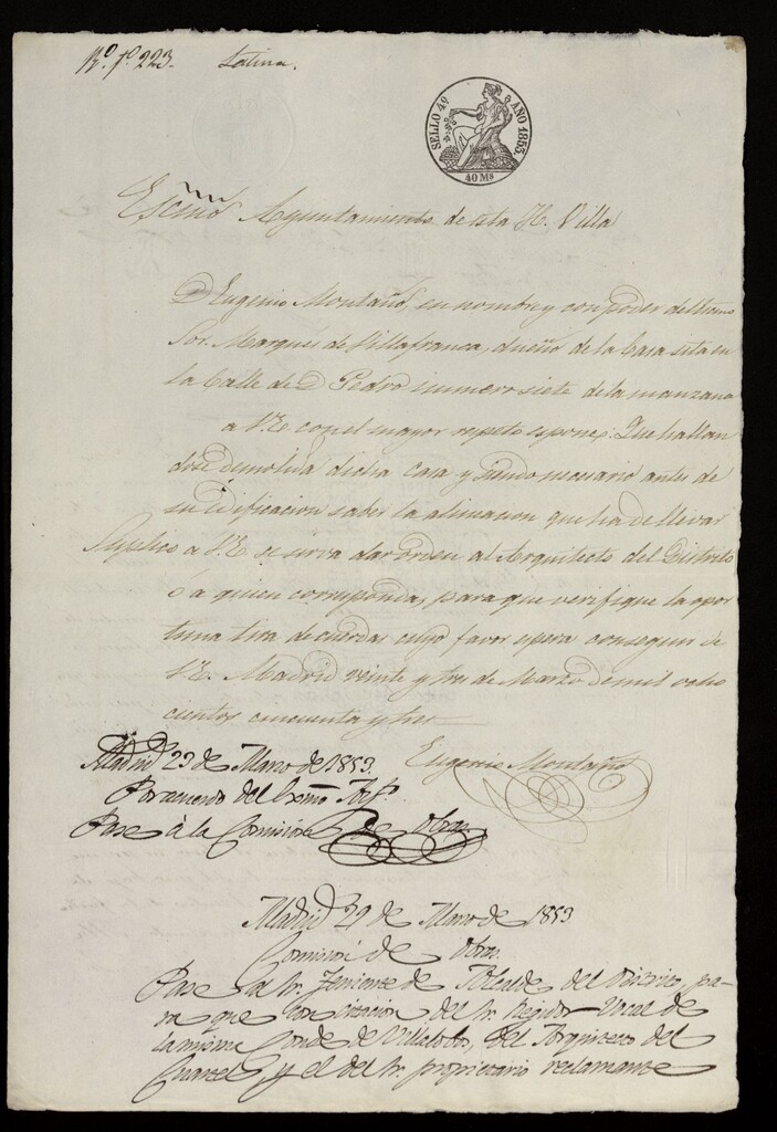 Miniatura de D. Eugenio  Montaño, a nombre del Marqués de Villafranca sobre construcción de una casa calle de D. Pedro nº 7. (1853)