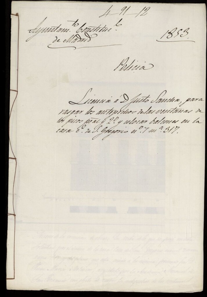 Miniatura de Licencia a D. Justo Sancha, para rasgar los antepechos de las ventanas de los pisos principal y 2º y colocar balcones en la casa calle de S. Gregorio nº 7, manzana 317. (1853)