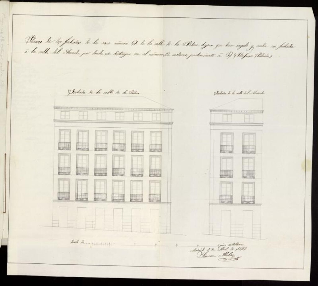 Miniatura de Licencia a D. Ildefonso Palacios, para edificar de nueva planta la casa calle de la Palma Alta nº 67 (actual calle de la Palma), con vuelta a la del Acuerdo. (1853)