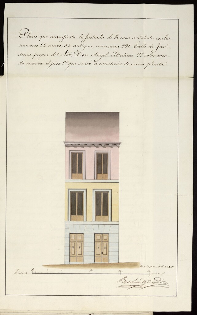 Miniatura de D. Ángel Medina, licencia para revocar la facha de la casa calle Jardines nº 22 y formar cuerpo 2º. (1853)