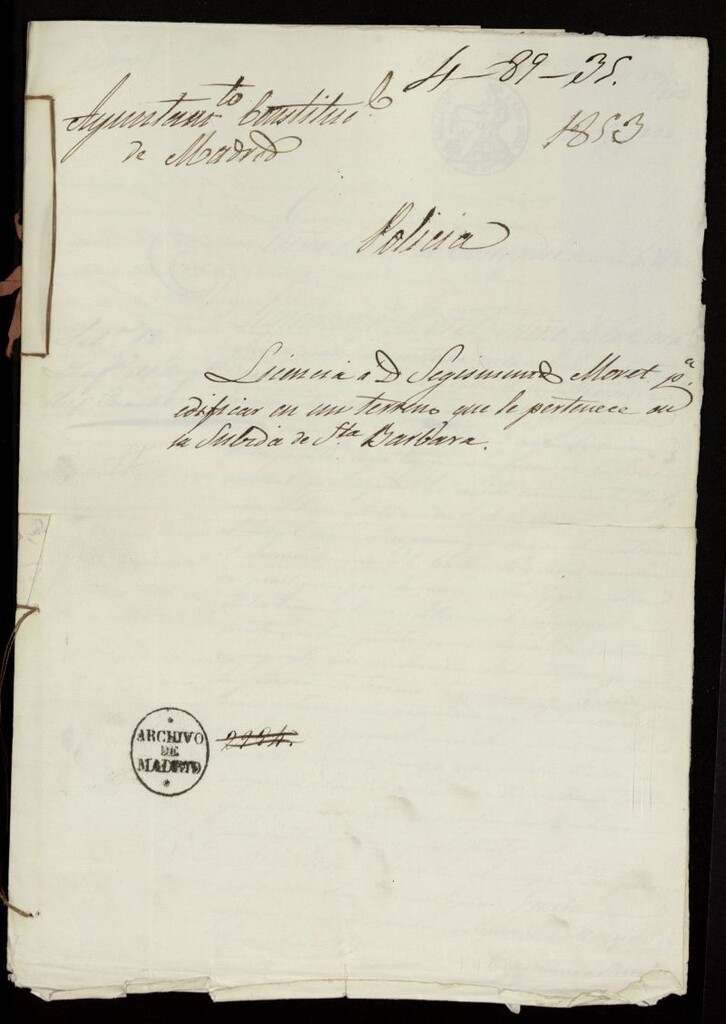 Miniatura de Licencia a D. Segismundo Moret, para edificar en un terreno que le pertenece en la subida de Sta. Bárbara (actual plaza de Santa Bárbara). (1853)