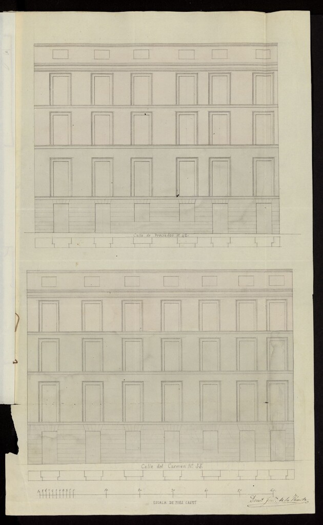 Miniatura de Licencia a D. José Holffmeyer, para aumentar en la casa de su propiedad un piso y sotabanco por la calle del Carmen nº 55 y 2º y 3º y sotabanco por la de Preciados nº 40. (1853)