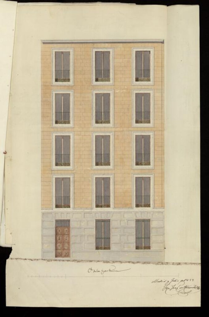 Miniatura de Licencia a D. Eusebio Bañares, para edificar en una casa de nueva planta, las dos de su propiedad calle Ancha de S. Bernardo esquina a la de la Garduña nº 15. (1853)