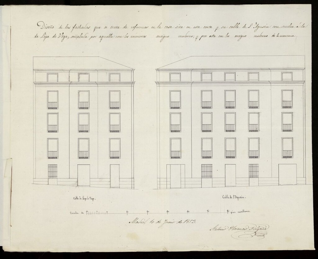 Miniatura de Licencia a D. Andrés Montero, para revocar una parte de la fechada de la casa calle de S. Agustín con vuelta a la de Lope de Vega nº 16 y 31 y levantar un piso tercero. (1853)