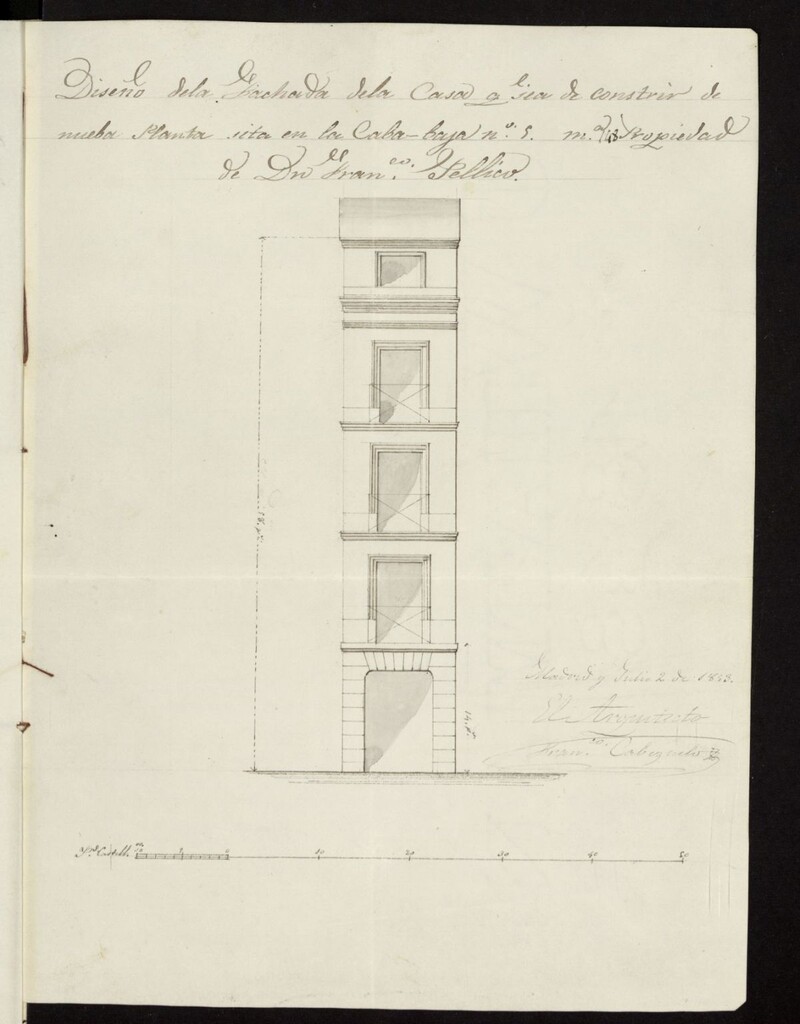 Miniatura de D. Francisco Pellico, solicitando licencia para construirse nueva planta la casa Cava Baja nº5, manzana 148. (1853)