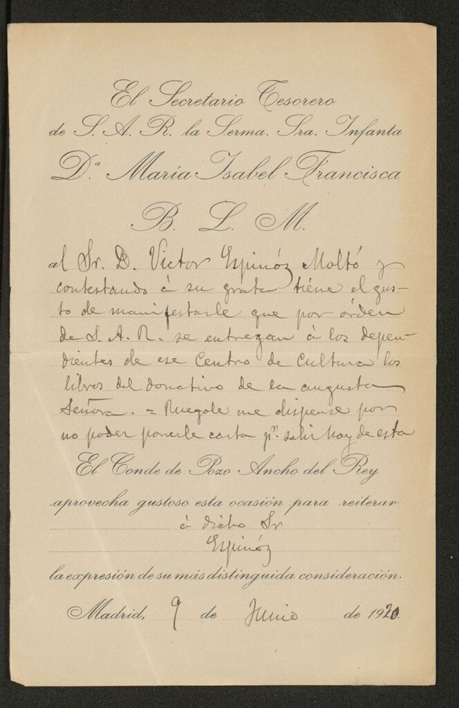 Miniatura de Carta de Conde de Pozo Ancho del Rey a Víctor Espinós