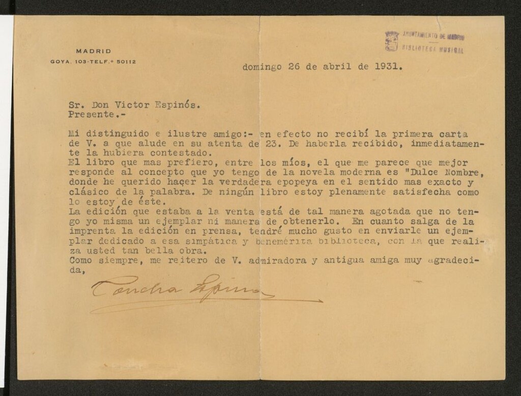 Miniatura de Carta de Concha Espina a Víctor Espinós