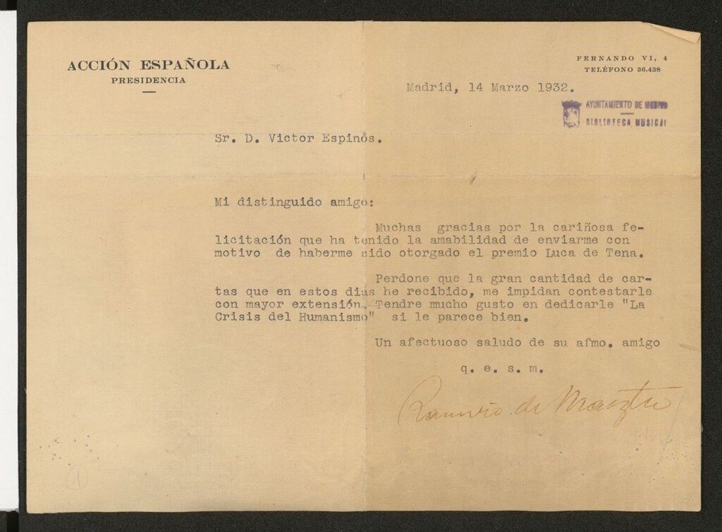 Miniatura de Carta de Ramiro de Maeztu a Víctor Espinós