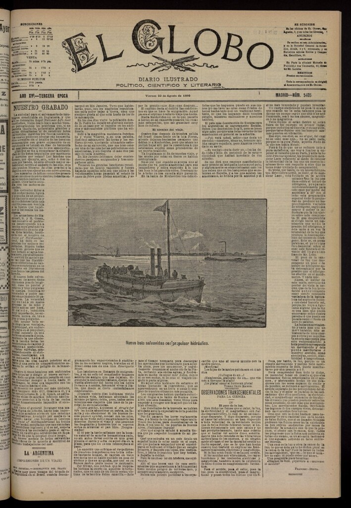 Miniatura de El Globo : diario ilustrado del 22 de agosto de 1890, nº 5405
