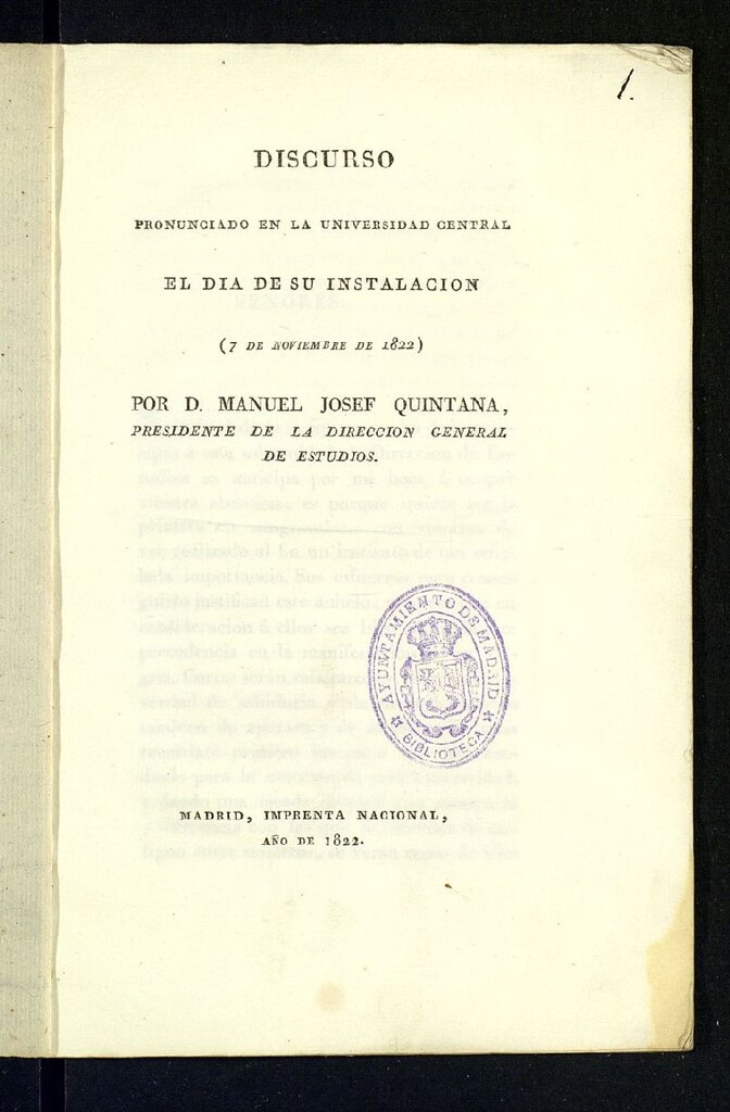 Miniatura de Discurso pronunciado en la Universidad Central el día de su instalación (7 de noviembre de 1822)