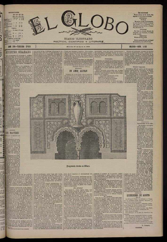 Miniatura de El Globo : diario ilustrado del 27 de agosto de 1890, nº 5410