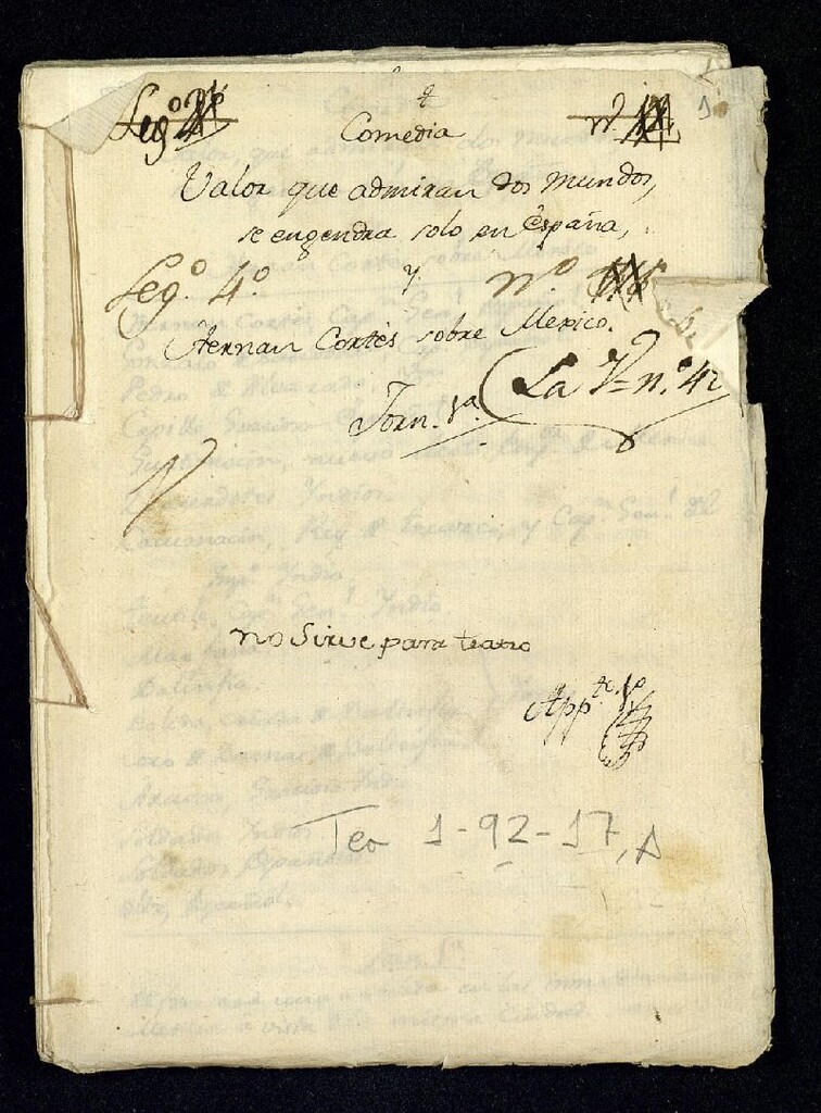 Miniatura de Comedia Valor que admiran dos Mundos, se engendra solo en España y Hernán Cortés sobre Mexico