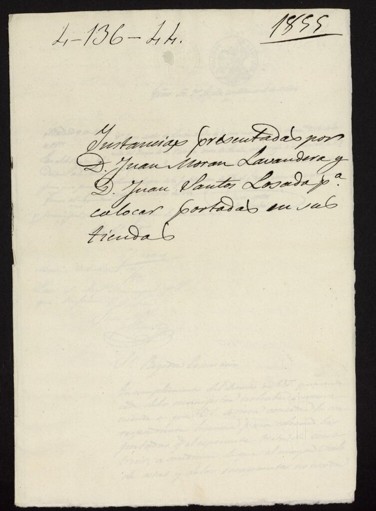 Miniatura de D. Juan Morán Lavandera y d. Juan Santos Losada, para colocar portadas en sus tiendas. (1855)
