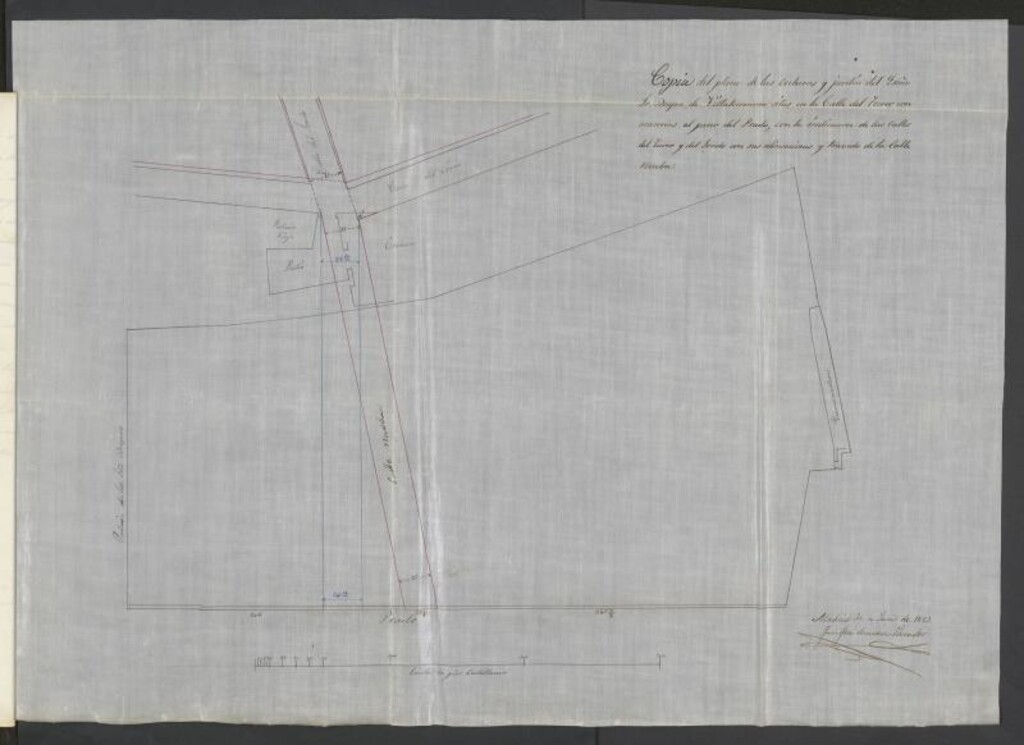 Miniatura de El Conde de Bagaes y D. Francisco de Paula Retortillo, proponiendo reanudar el proyecto de apertura de la calle que ha de atravesar el terreno de su propiedad que lo es parte del Jardín y cocheras, que fue del Excmo. Sr. Duque de Villahermosa y para continuación de la calle del Sordo (actual calle Zorrilla). (1853)