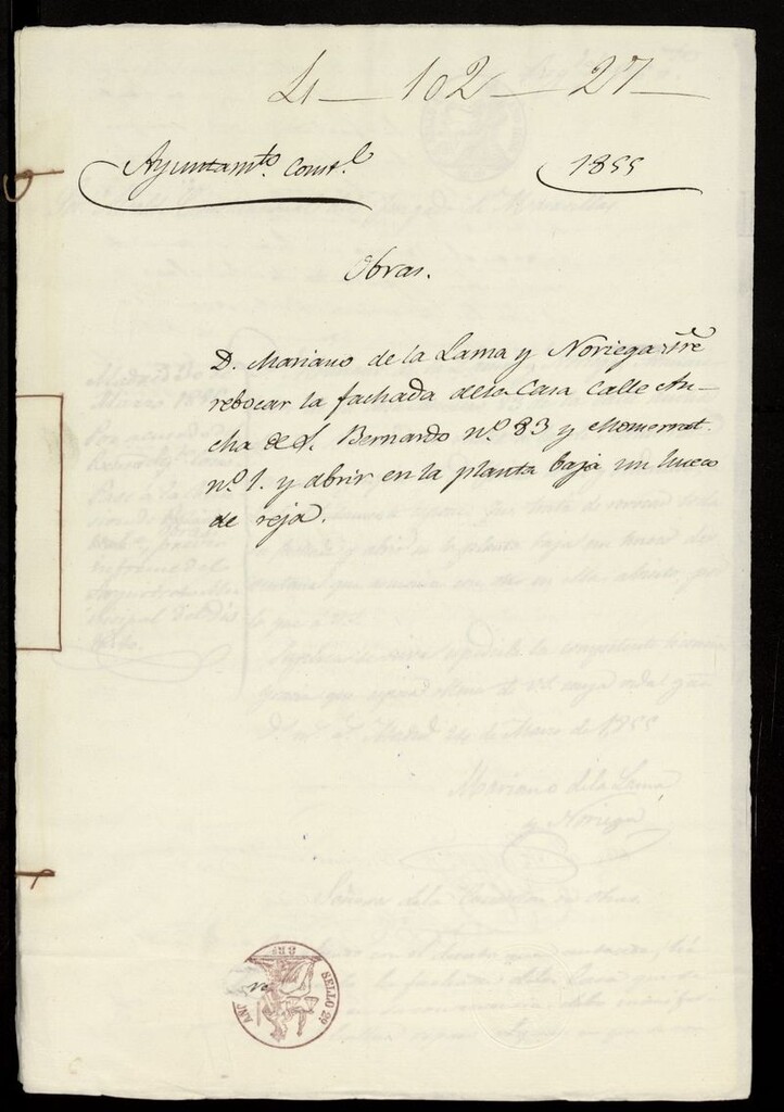 Miniatura de D. Mariano de la Lama y Noriega, sobre revocar la fachada de la casa calle Ancha de S. Bernardo nº 83 (actual calle de San Bernardo) y Montserrat nº 1 y abrir en la planta baja un hueco de reja. (1855)