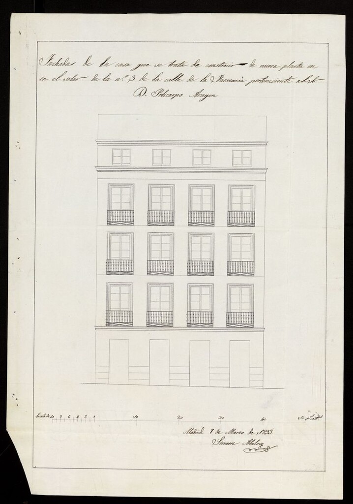 Miniatura de D. Policarpo Aragón, solicitando licencia para construir de nueva planta la casa calle de la Farmacia, nº3.  (1853)