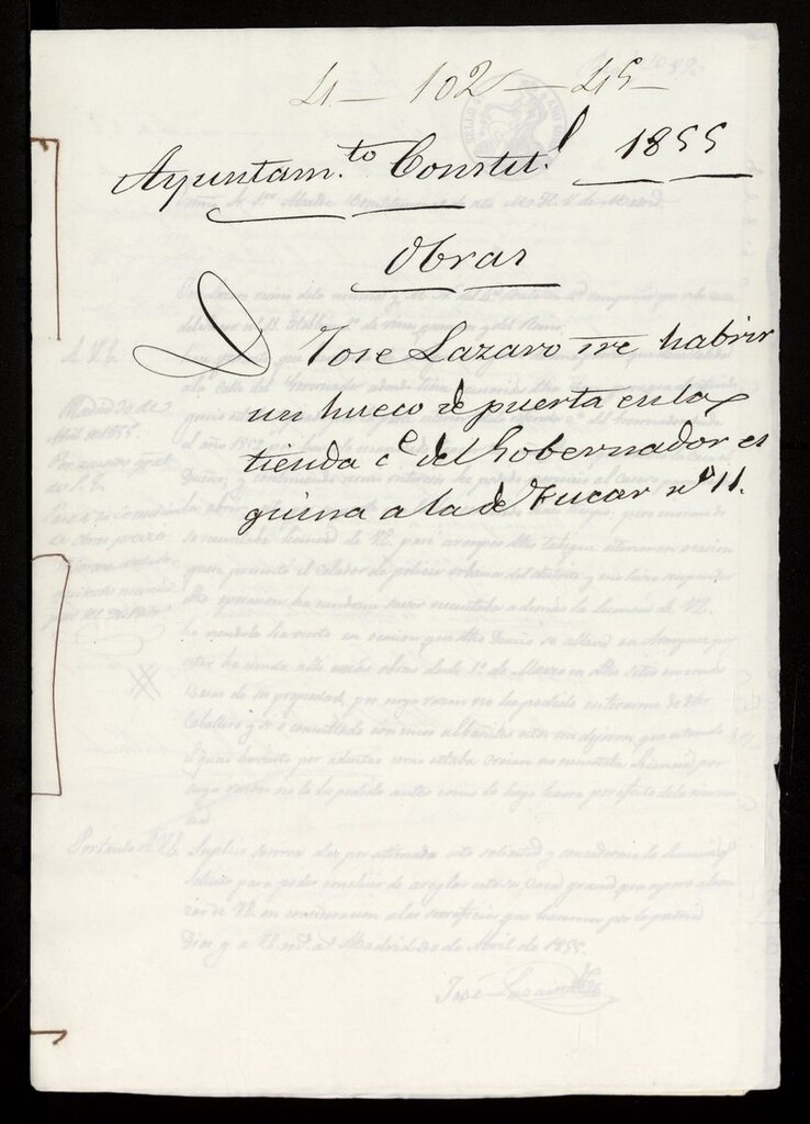 Miniatura de D. José Lázaro, sobre abrir un hueco de puerta en la tienda calle Gobernador esquina a la Fucar nº 11. (1855)