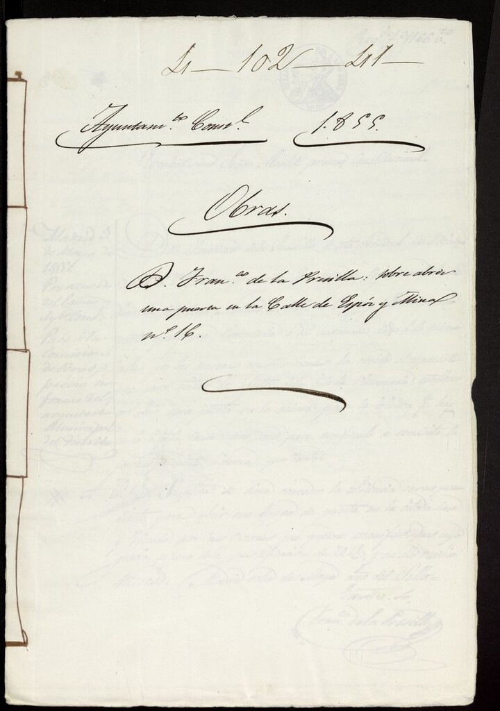 Miniatura de D. Francisco de la Presilla, sobre abrir una puerta en la calle de Espoz y Mina nº 16 (1855)