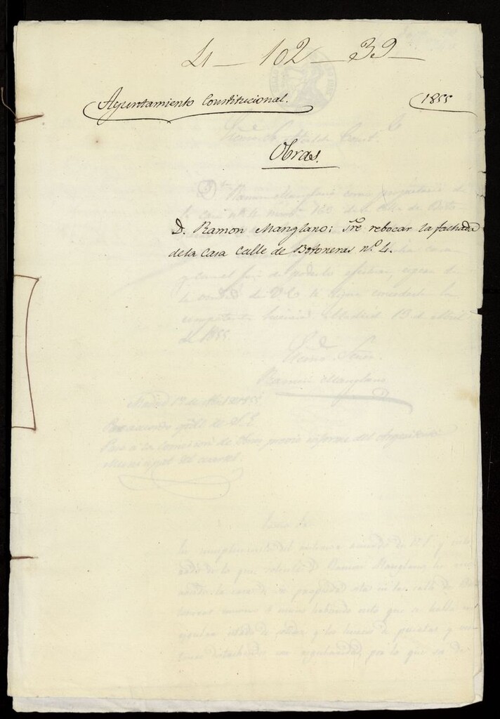 Miniatura de D. Ramón Manglano, sobre revocar la fachada de la casa calle de Botoneras nº 4. (1855)