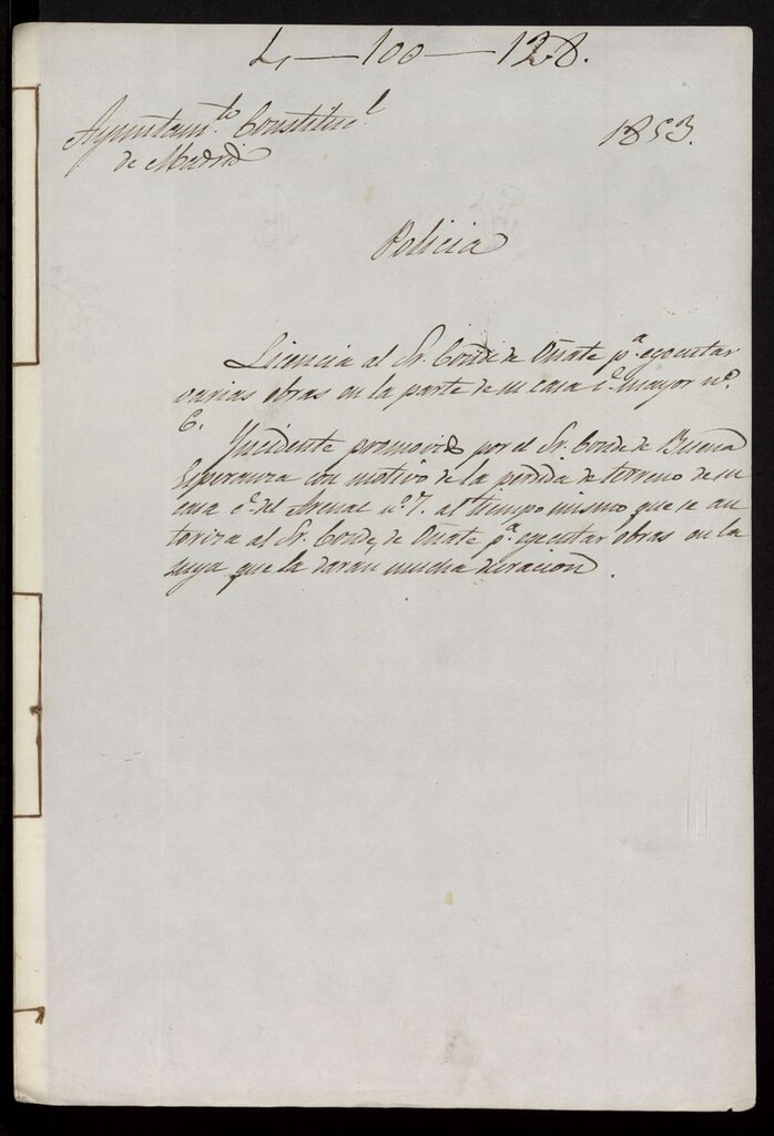 Miniatura de Licencia al Sr. Conde de Oñate, para ejecutar varias obras en la parte de su casa calle Mayor, nº 6. (1853)