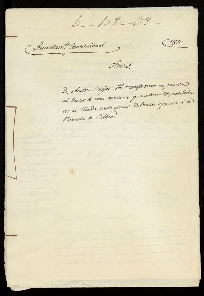 Miniatura de D. Andrés Reijás, sobre transformar en puerta el hueco de una ventana y construir dos portadas en su tienda calle de las Infantas esquina a la Plazuela de Bilbao (actual plaza de Pedro Zerolo). (1855)
