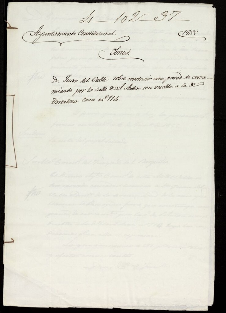 Miniatura de D. Juan del Valle, sobre construir una pared de cerramiento por la calle de S. Antón con vuelta a la de Hortaleza casa nº 114 (actual nº 88). (1855)
