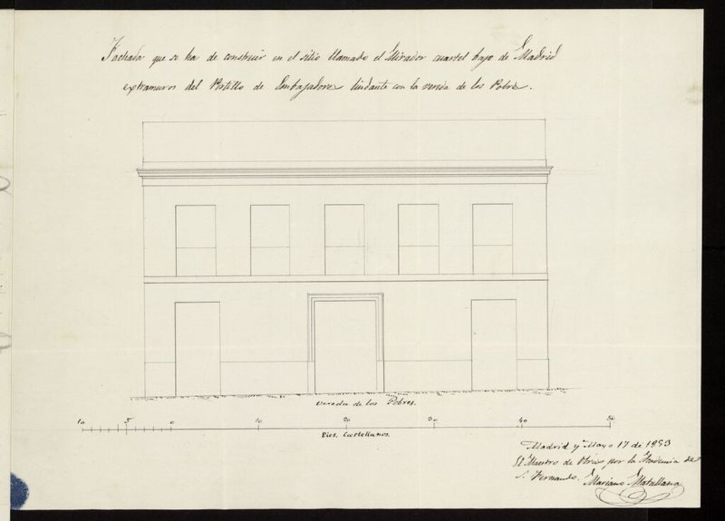 Miniatura de D. Mariano Ugena, solicitando licencia para edificar en un terreno llamado el Mirador extramuros del Portillo de Embajadores (1853)