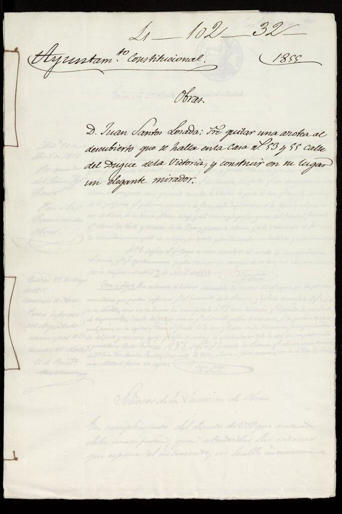 Miniatura de D. Juan Santos Losada, sobre quitar una azotea al descubierto que se halla en la casa nºs 53 y 55, calle del Duque de la Victoria (actual calle de Alcalá), y construir en un lugar un elegante mirador. (1855)