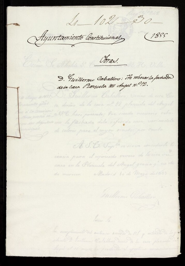 Miniatura de D. Guillermo Caballero, sobre revocar la fachada de la casa Plazuela del Ángel nº 12. (1855)