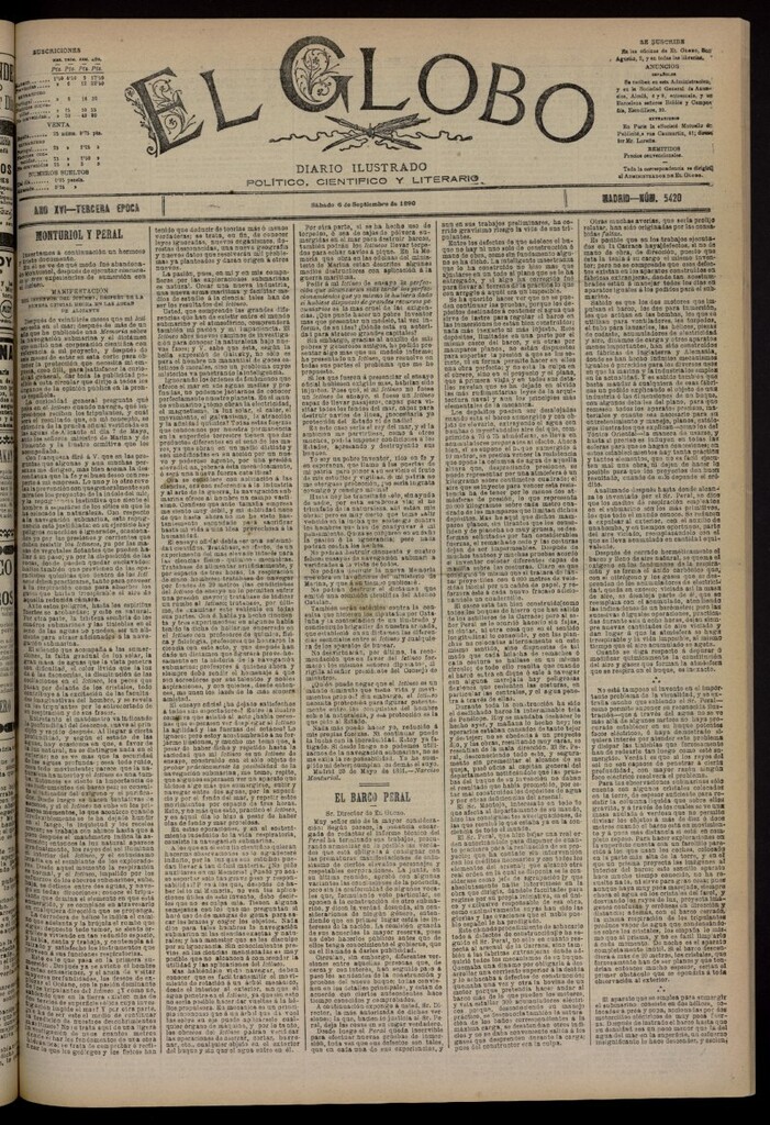 Miniatura de El Globo : diario ilustrado del 6 de septiembre de 1890, nº 5420