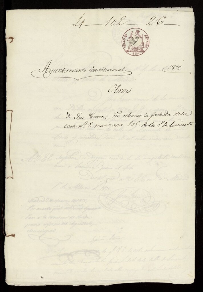 Miniatura de D. José Garro, sobre revocar la fachada de la casa nº 8 manzana 105 de la calle de Luciente. (1855)