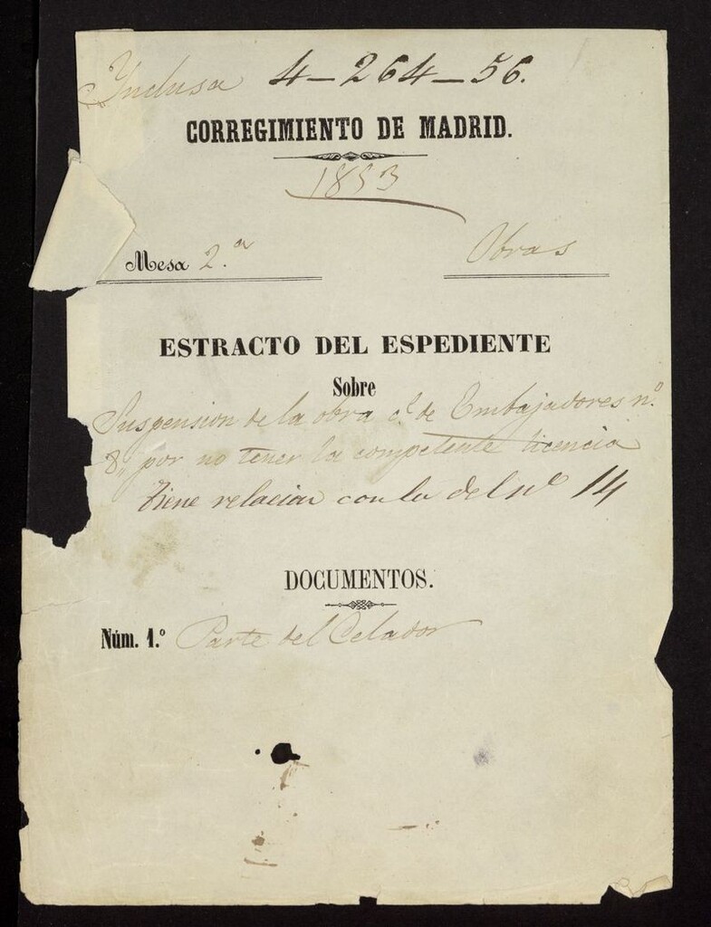 Miniatura de Sobre impresión de la obra de la casa calle de Embajadores nº 8 por no tener la competente licencia, tiene relación con la  del nº  14 propia de D. Ramón Albecoa y sobre la alineación marcaron a la misma. (1853)