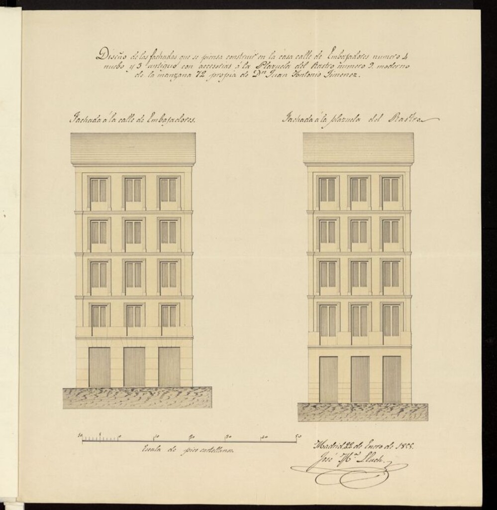 Miniatura de D. Juan Antonio Jiménez, sobre edificar de nueva planta la casa nº 4 moderno calle de Embajadores manzana 72, con vuelta a la del Rastro (actual callede Ribera de Curtidores) nº 9. (1855)