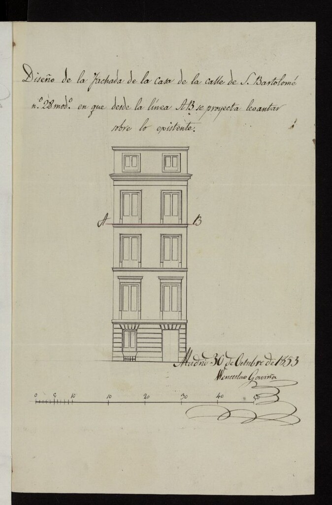Miniatura de D. Mariano Obispo y Medina, pendientes elevar piso 3º en la casa calle de S. Bartolomé nº 28 (1853-1854)