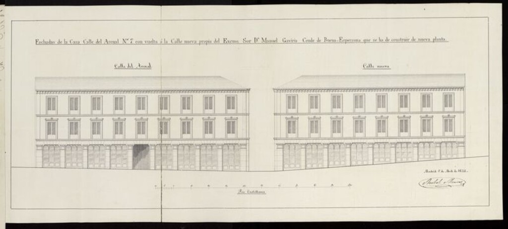 Miniatura de El Excmo. Sr. D. Manuel de Gaviria Conde de Buena Esperanza, pendiente edificación en la calle del Arenal nº 7 con vuelta a la calle Nueva. (1853-1854)
