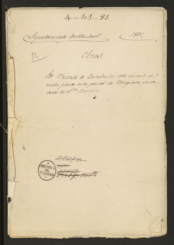 Miniatura de Sr. Vizconde de Castelruiz, sobre construir de nueva planta en la posesión de Bonaplanta (actual Plaza de Santa Bárbara), exconvento de Sta. Bárbara. (1855)