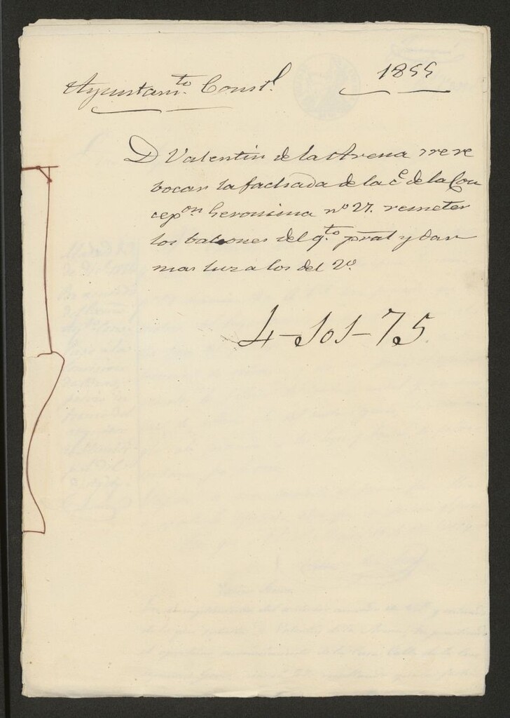 Miniatura de D. Valentín de la Arena, sobre revocar la fachada de la calle de la Concepción Jerónima nº 27, remeter los balcones del cuarto principal y dar más luz a los del 2º. (1855)