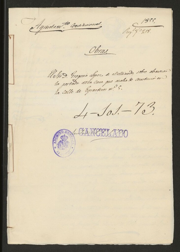 Miniatura de D. Gregorio López de Mollinedo, sobre avanzar la portada de la casa que acaba de construir en la calle de Esparteros nº 5. (1855)